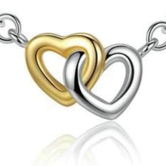 Real Pandora 14k Solid Gold & 925 Silver Double Heart Ring Pendant Chain Engagem - Picture 9 of 11